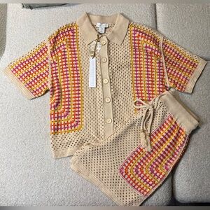 House of Harlow 1960 Crochet Button down blouse matching tie shorts set size S